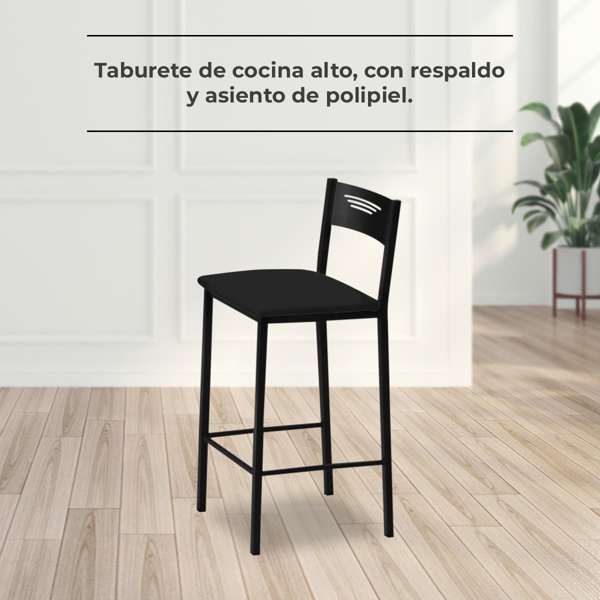 ASTIMESA - Taburetes de Cocina Altos Tapizados con Respaldo - Estructura Negra y Asiento en Polipiel - Color del Asiento: Negro. Contenido: 1 Unidad - Medidas: 90 cm (Alto Total)