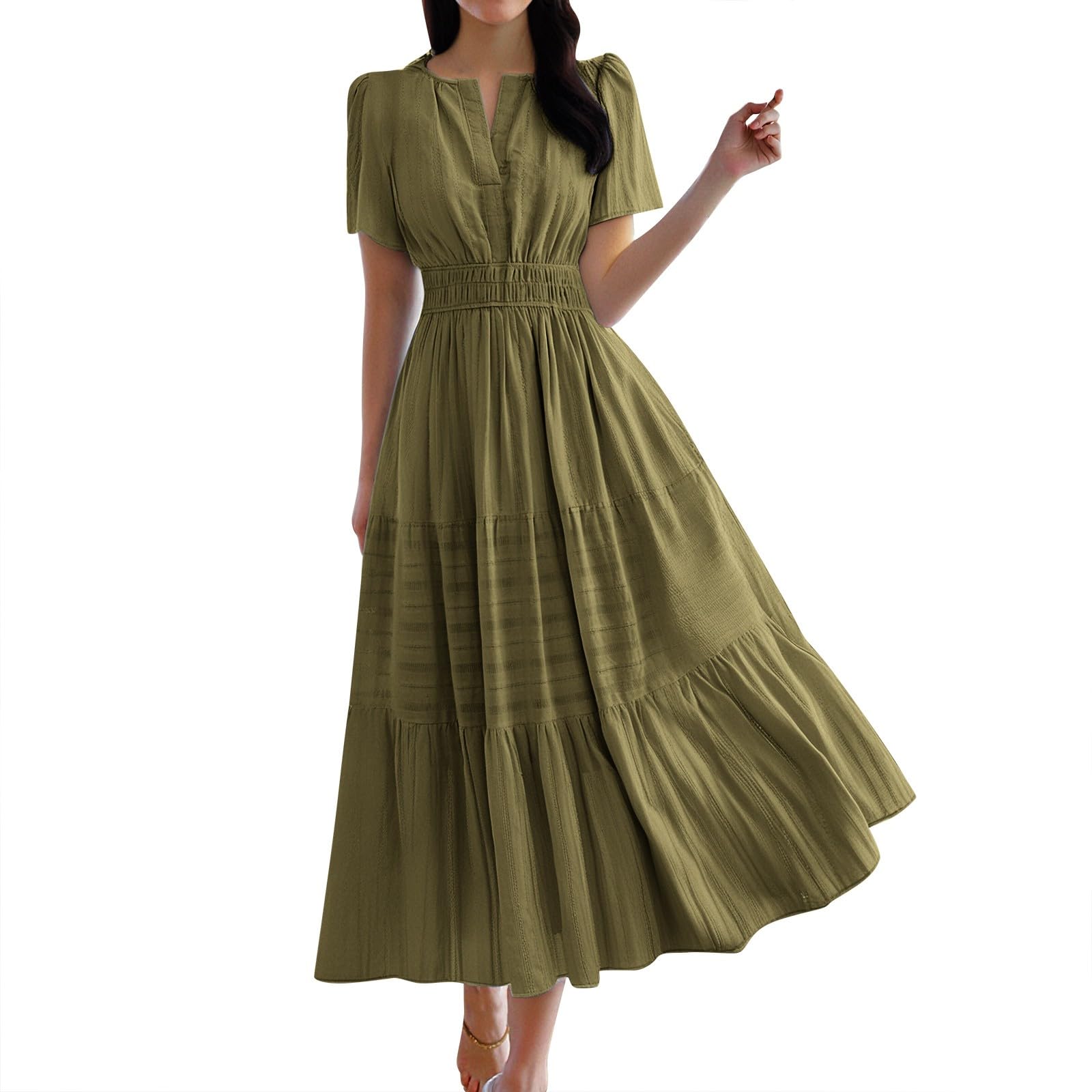 Vestido maxi de verano, estilo bohemio, cuello en V, línea A, vestido de playa, vestido largo de cintura alta, vestido camisero, vestido casual, vestido de verano, vestido de fiesta ligero y aireado