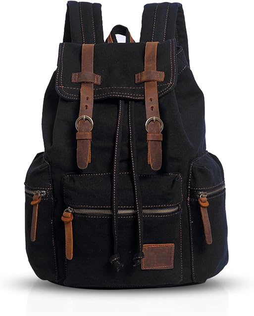 FANDARE Vintage Backpack Canvas Daypacks School Bag Outdoor Hiking Rucksack College Bookbag Teenager Travel Field Pack Large Knapsack Durable Infantry Pack for Women Men Black