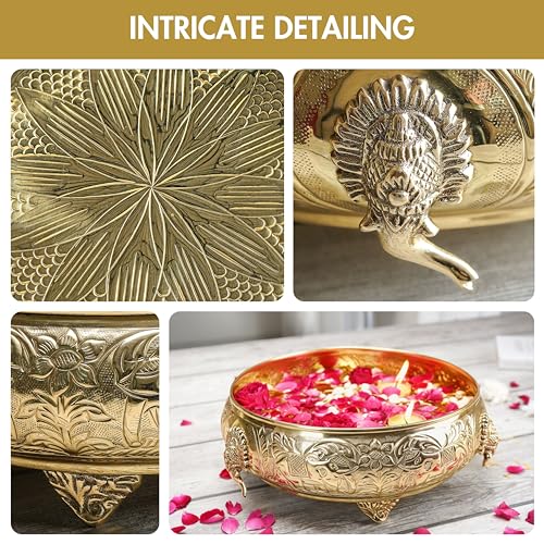 Image of BEHOMA Ethnic Elephant Carved Brass Urli Bowl, 12 inch | Ethnic elephant-carved brass urli bowl, 12 inch; golden centerpiece for Diwali, Navratri & Durga Puja.