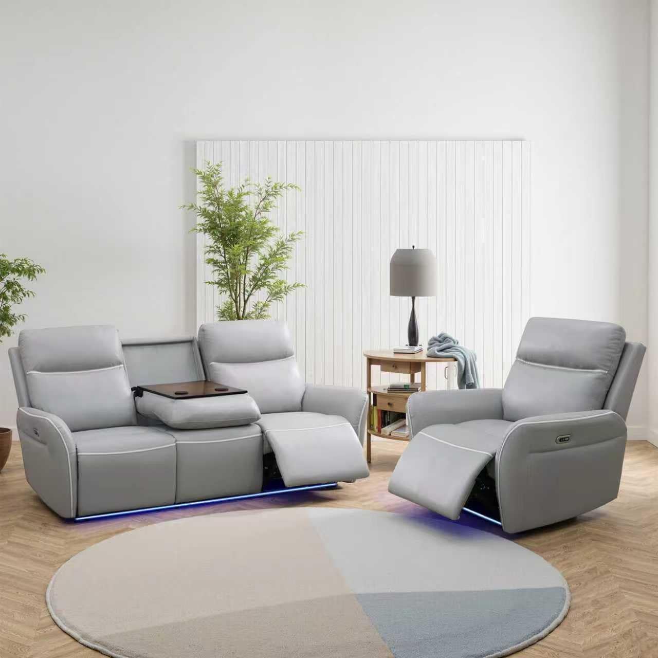 Power Recliner Sofa Set with LED, Breathing Leather Reclining Sofa Set, 3 Piece Living Room Set Home Theater Seating Couches with USB Port/Reading Light/Cup Holders (Black)