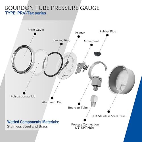 Miniatura 42 de SENCTRL Medidor de presión sin plomo de 100 psi, dial de 2 pulgadas, montaje inferior 1/4 NPT, impermeable, caja de acero inoxidable, para tanque