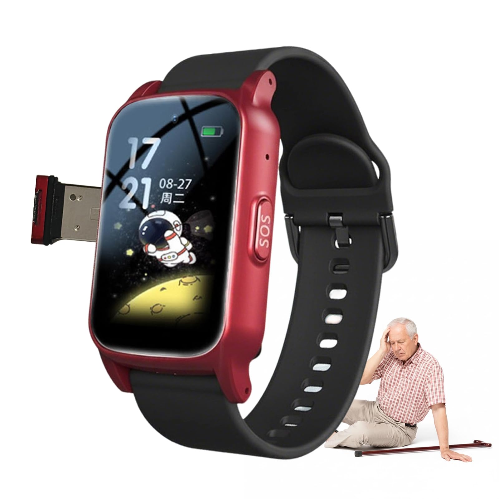 Dispositifs D'alerte De Chute pour Personnes Âgées, Bracelet Alarme Personne Agee Montre Connectée avec Vidéo, Voix Et Message SOS, GéorepérageRed,1.25 * 0.57 * 2.22inch
