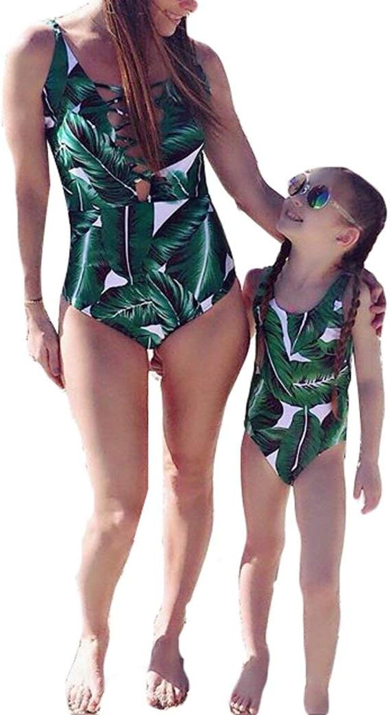 Mommy and Me Swimsuit Family Matching Mother Daughter Leaves Print Swimwear Bathing Suit (S(US 0-2), Mom)