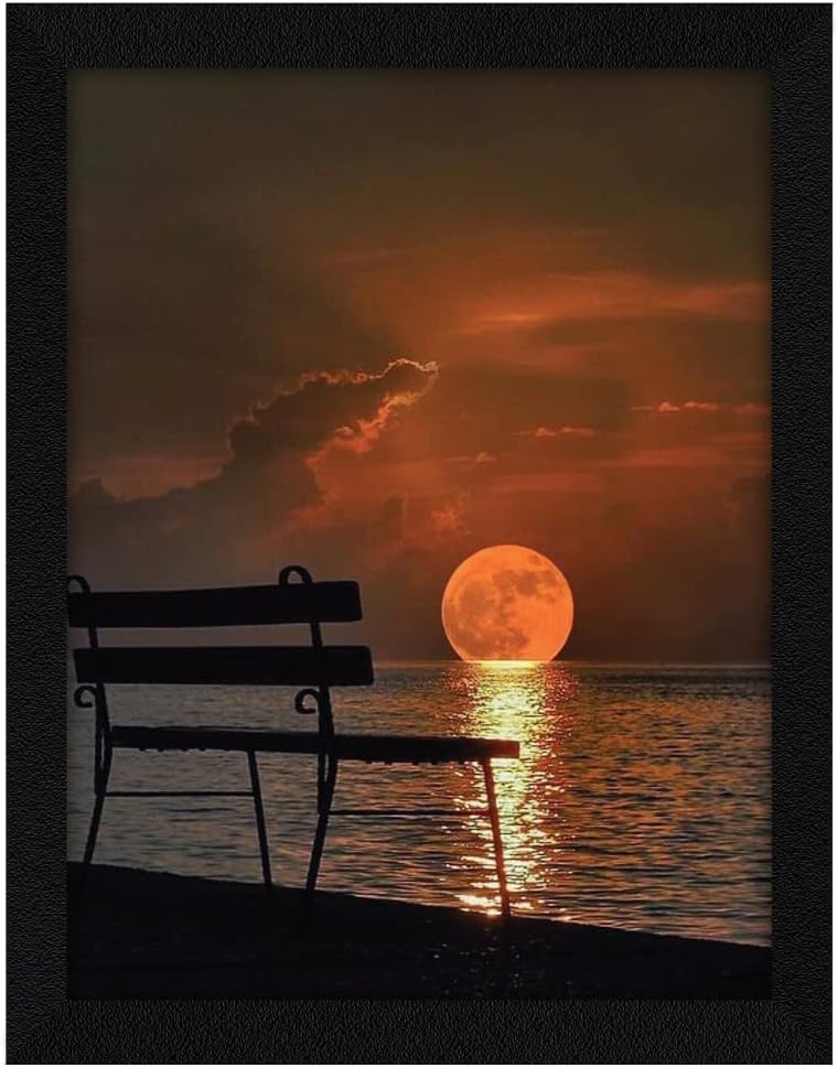 PUJA Jitesh Arts Beautiful Sea Sunset Landscape Painting For Wall With Frame With Glass 11inch x 14inch