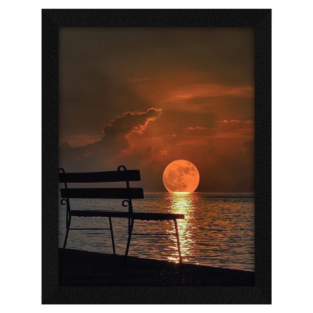 PUJA Jitesh Arts Beautiful Sea Sunset Landscape Painting For Wall With Frame With Glass 11inch x 14inch