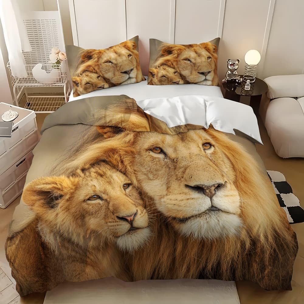 Primo Piano Del Leone Animale Copripiumino 2 Persona con Cerniera 250x200 cm Marrone Set Biancheria da Letto in Microfibra, Lavabile in Lavatrice, per Bambini, Adolescenti e Adulti