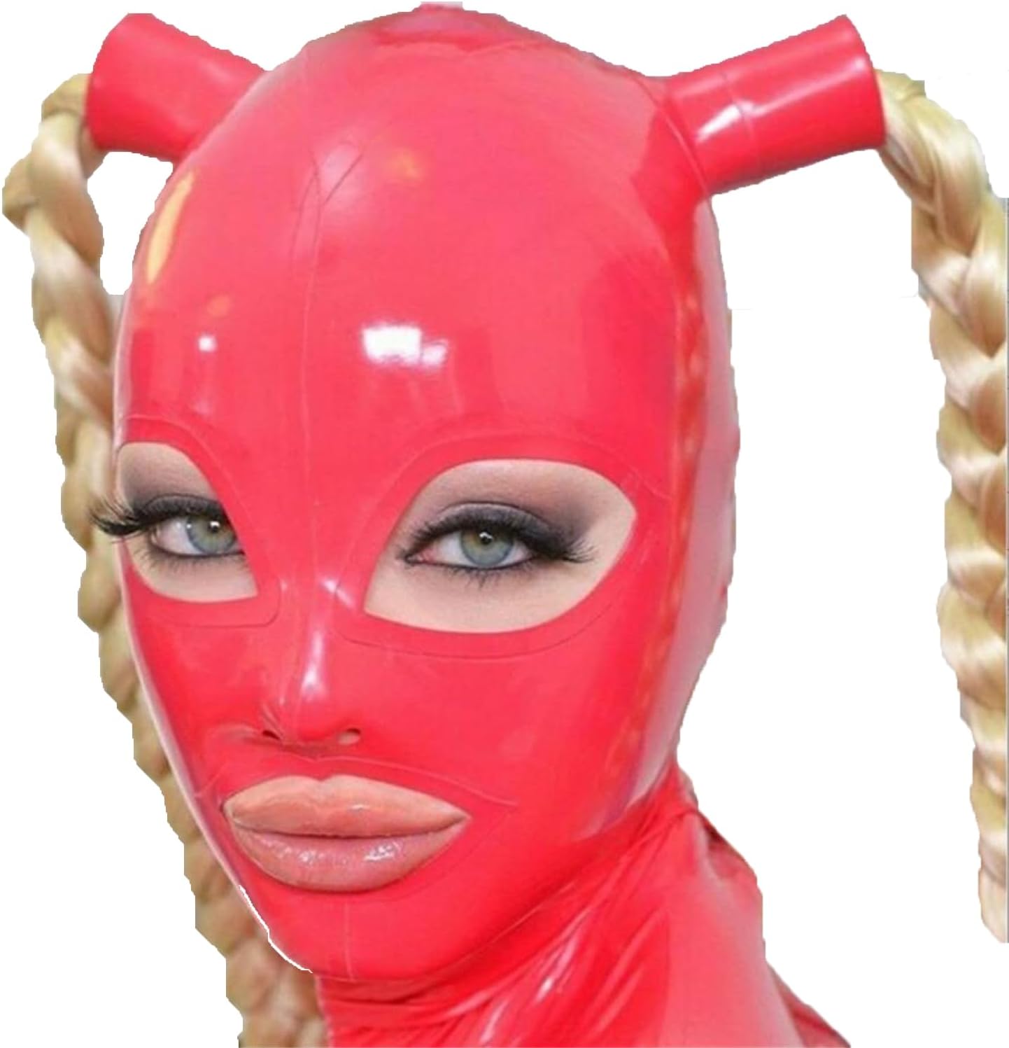 Latex Head Cover with Wig Ponytail Latex Face Hood Rubber HeadMask Latex Party Decorate Mask for Cosplay Club Wear