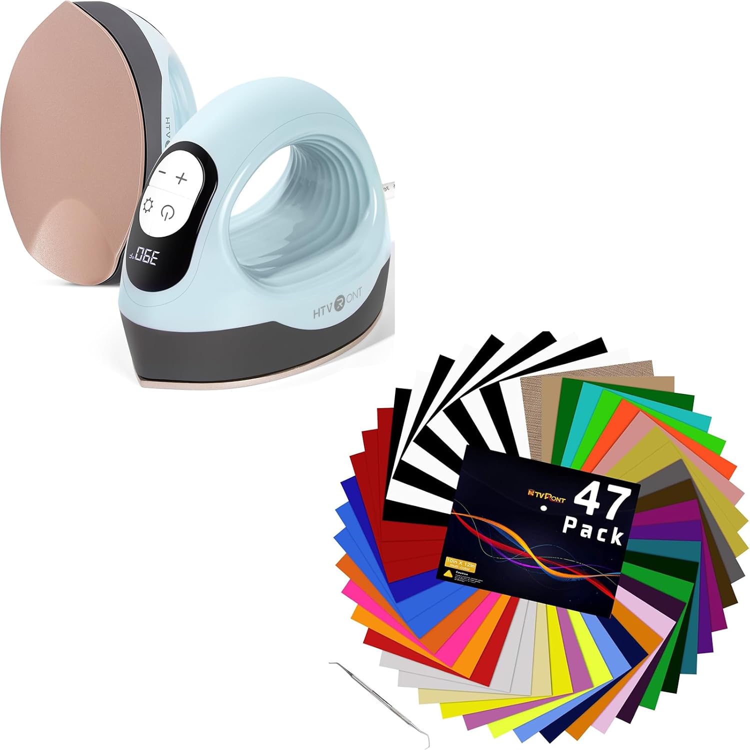 HTVRONT Mini Heat Press + Heat Transfer Vinyl 47 Pack 12" x 10"-Small Heat Press Machine for Curved and Flat Surface for T Shirts Mug Cup Shoes Doll Hat Craft