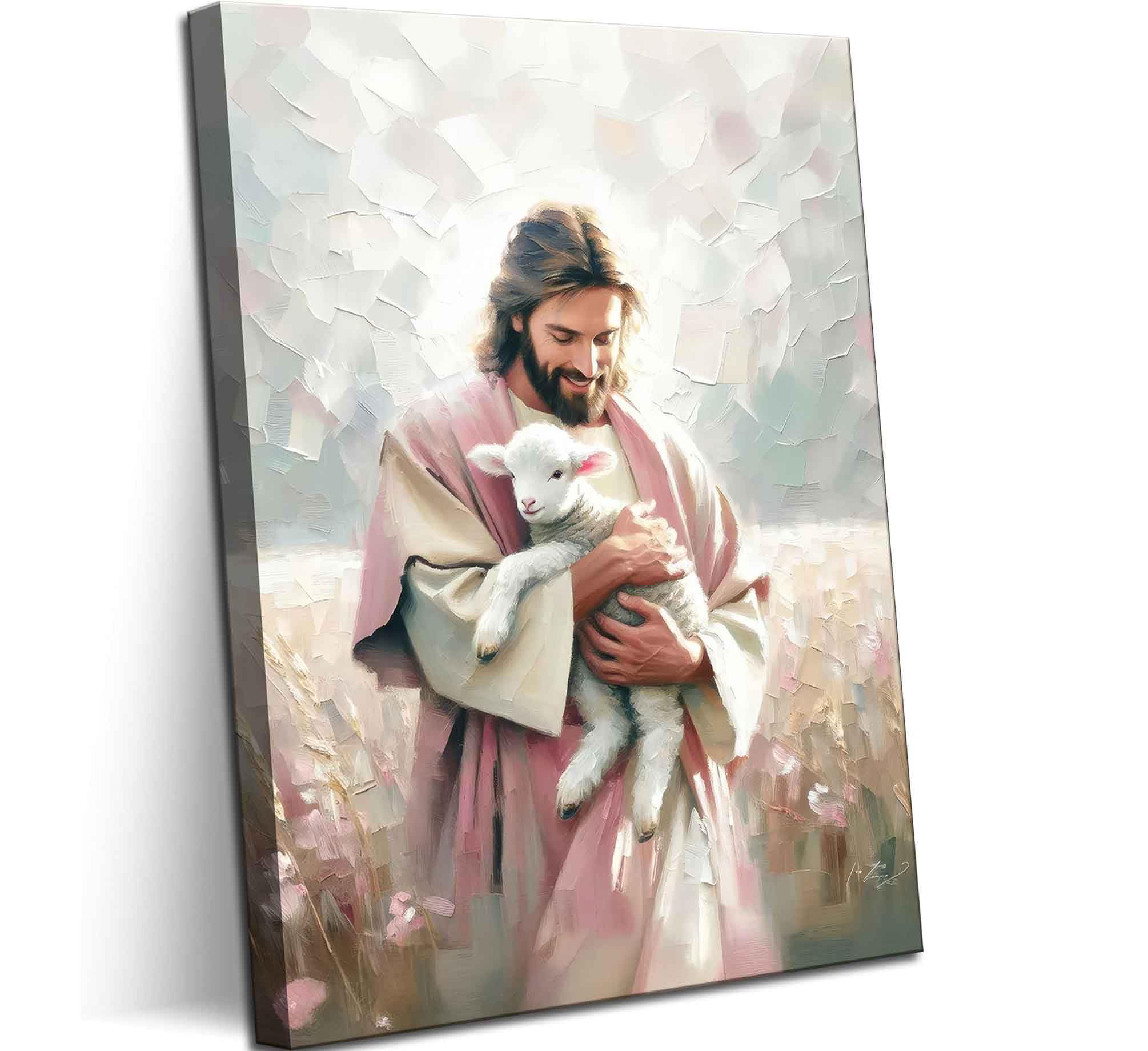Jesus Embraces Lamb Canvas Wall Art The Lost Lamb Wall Decor Bible Stories Jesus Lamb Painting Picture God Leaving 99 Sheep Poster Prints for Bedroom