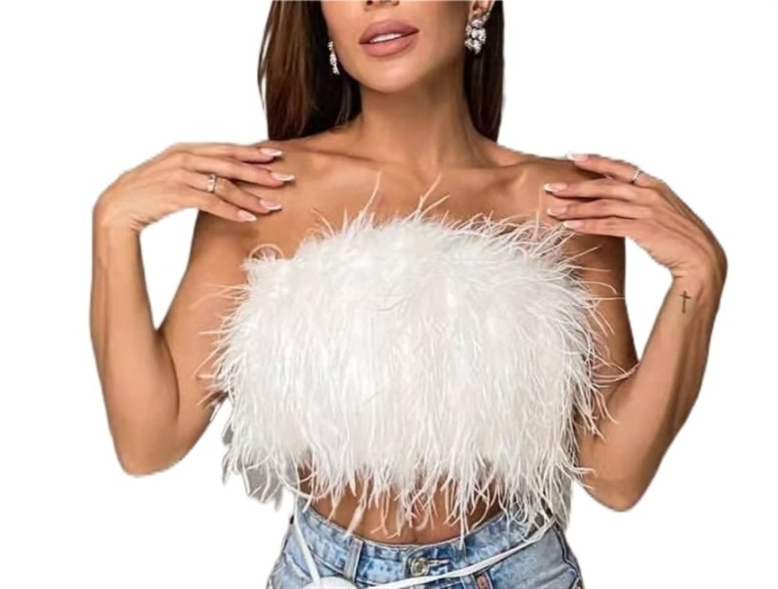 [HINGMING] 女性用フェザートップスストラップレスフェイクファークロップトップノースリーブバックレスチューブトップふわふわスリムフィットバンドーベストタンク (Color : White, Size : Small)