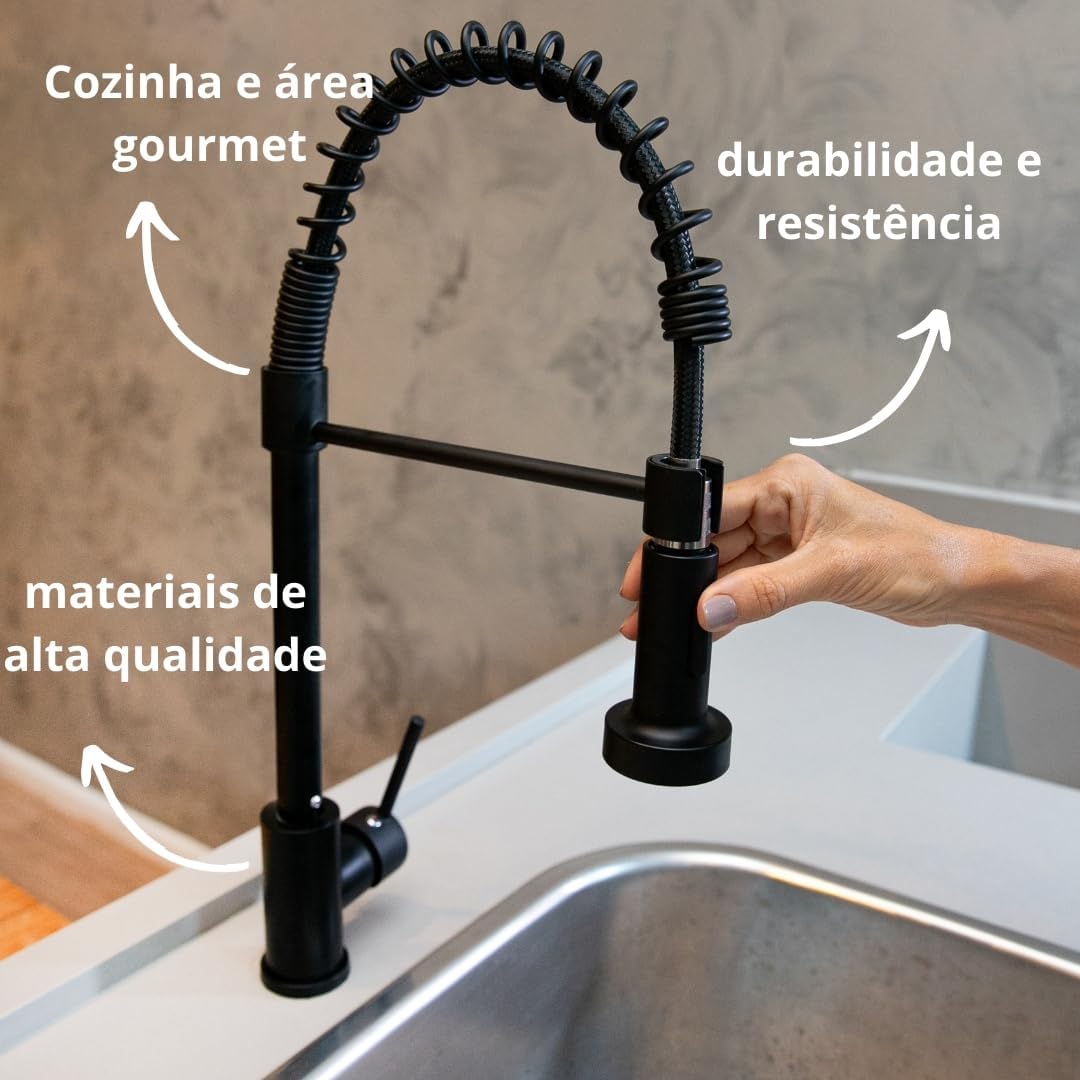 ELORIA Torneira de Cozinha Gourmet, Monocomando com Bico Flexível, Acabamento Inox Preto