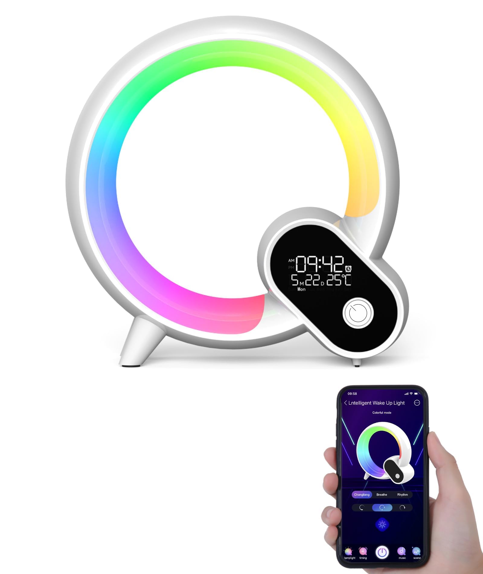 BIGTHREE LED Intelligent Atmosphere Lamp, Sunrise Alarm Clock Wake Up Light with Bluetooth Speaker, Day and Night Light with Remote control, APP Control RGB Light, for Bedroom Home Office Decor