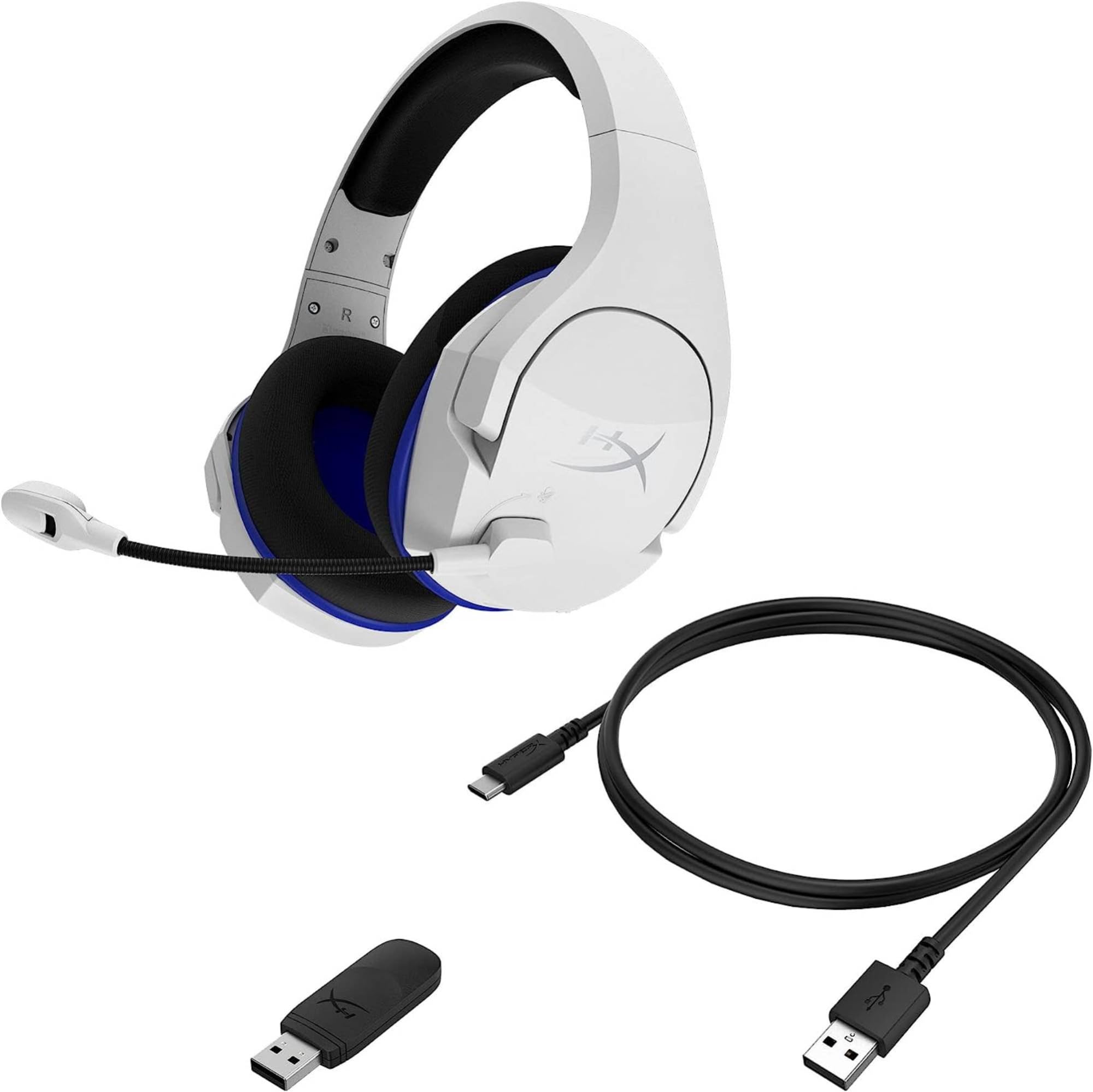 HyperX Stinger Core, Cuffie da Gaming senza Filo, Connessione a 2,4 GHz, Telaio in Acciaio, Cuscinetti in Memory Foam Rivestiti in Tessuto, Autonomia 17 Ore, Adatto per PC, PS4 e PS5, Bianco/Blu