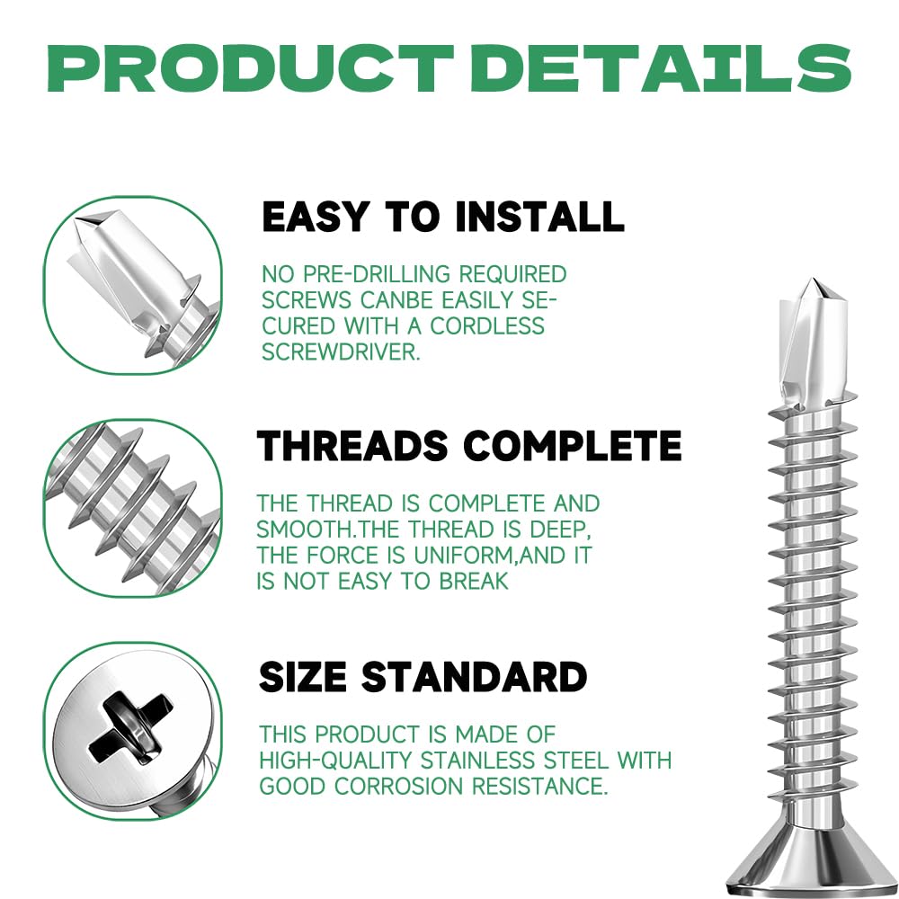 HXJDAM 160pcs Self Tapping Screw, 4.2 * 38mm 410 Stainless Steel Cross Countersunk Drill Tail Self Drilling Screws Wood Screws, Sheet Metal Tek Screws - Image 3