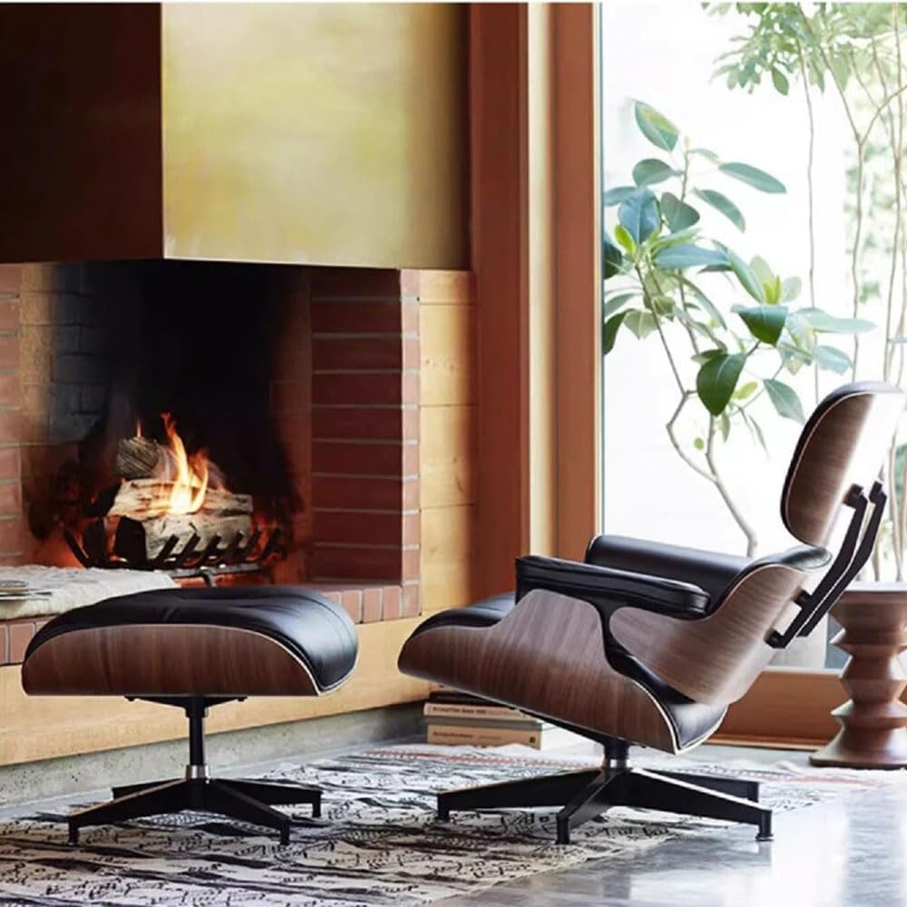 Poltrona Lounge Girevole Reclinabile in Pelle Genuina, con Ottoman, Design Classico Moderno, Base Robusta, Legno di Nocefor Per soggiorno, studio, salotto e ufficio assemblata Nero
