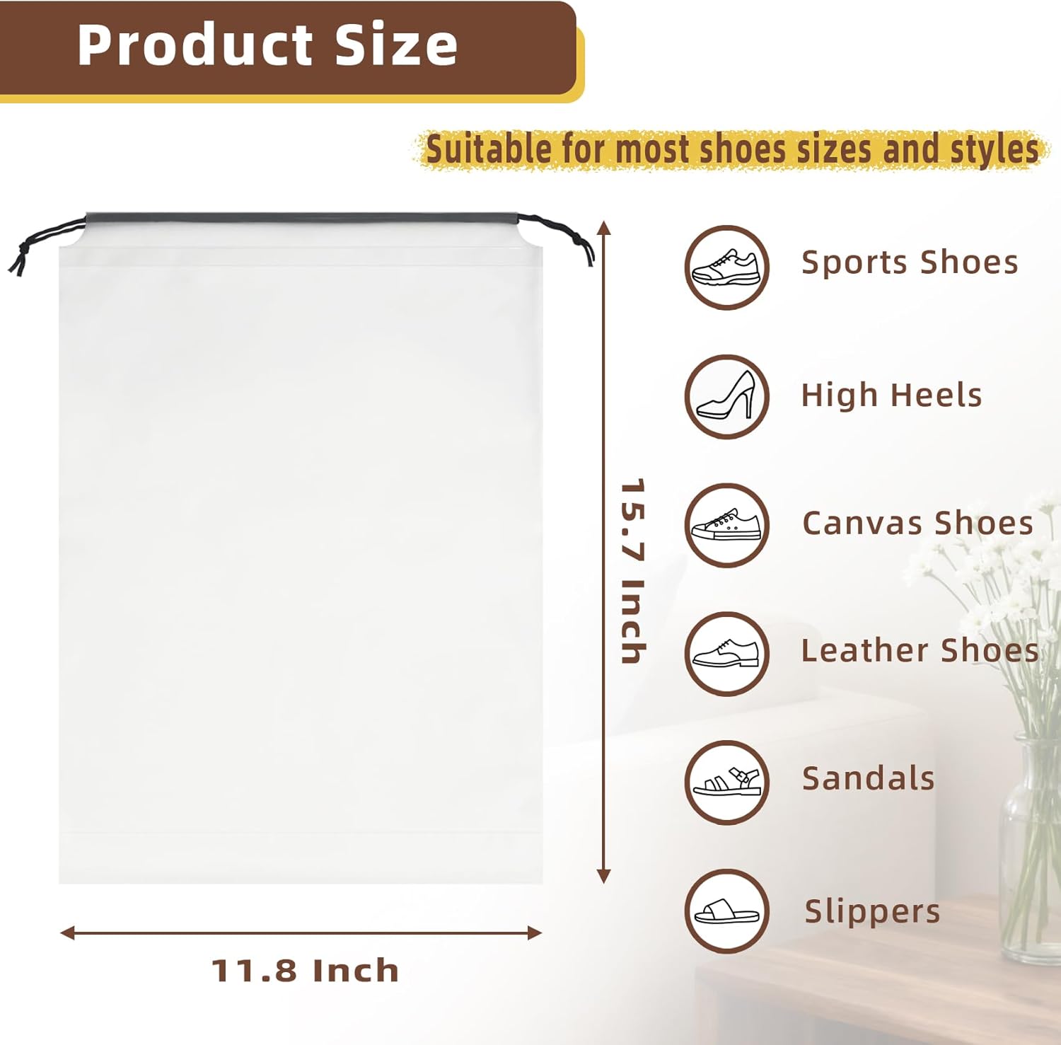 12 PCS Clear Shoe Bags for Travel, 11.8" x 15.7" Travel Shoe Bags for Storage and Packing, Waterproof Drawstring Shoe Bag for Traveling, Travel Essentials for Women and Men - Image 2