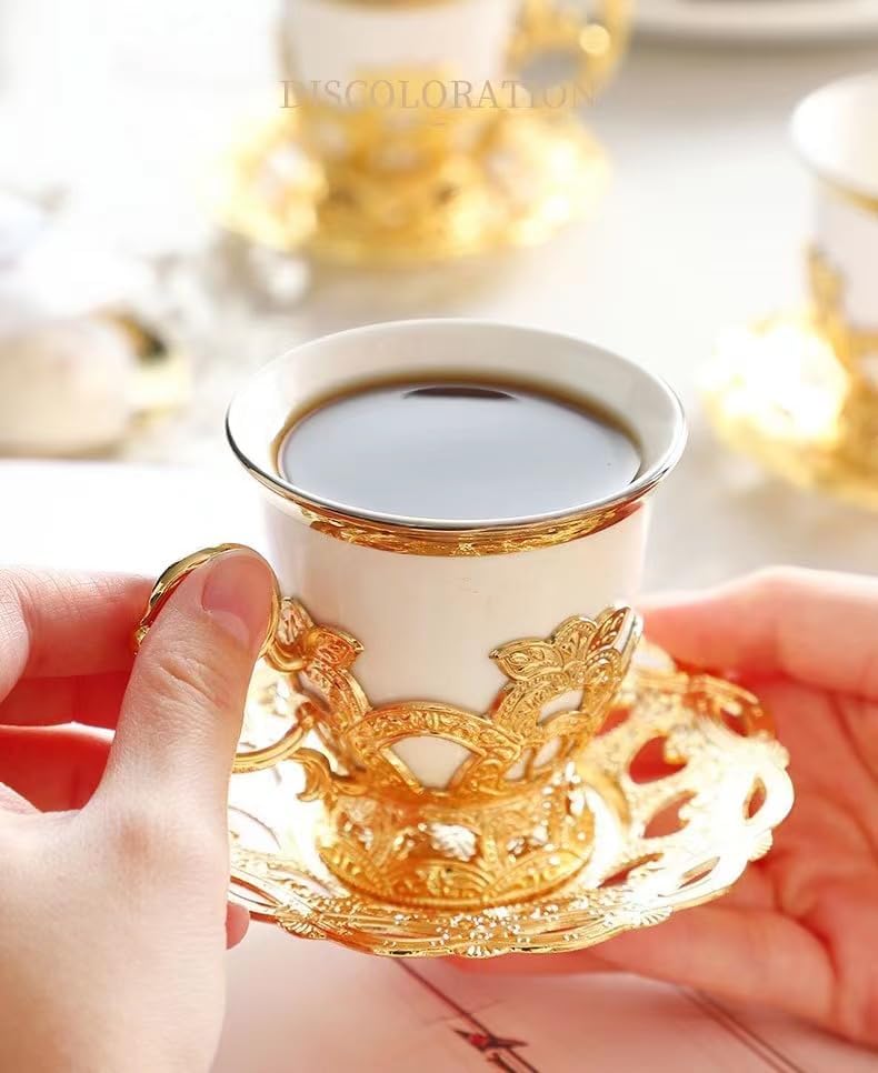 LaModaHome Tulip Gold Espresso Coffee Cup With Saucer Holder Lid Tray And Delight Bowl Set Of 2, Porcelain Turkish Arabic Greek Coffee Set Cup For Women, Men, Adults, New Home Wedding - View #3