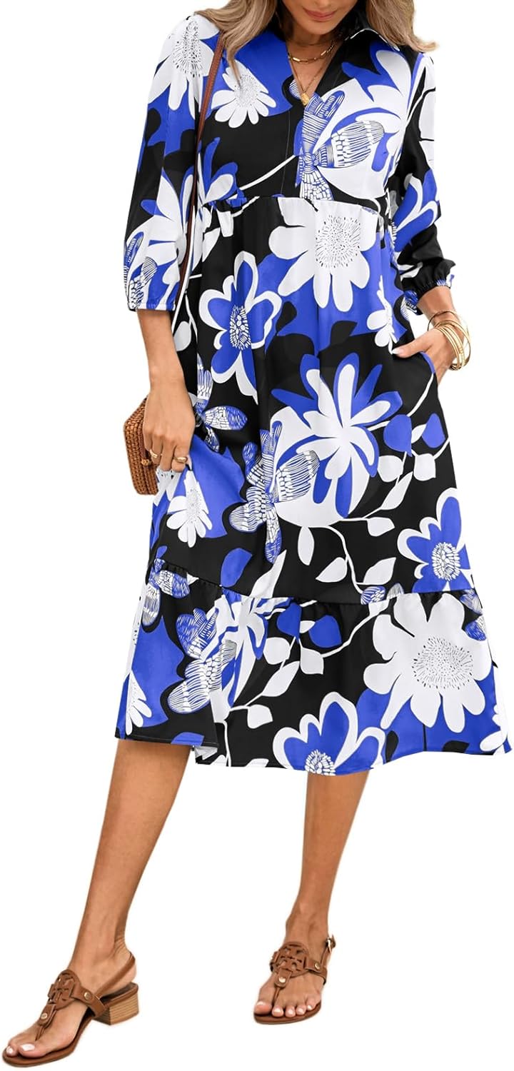 Wenrine Womens Maxi Shirt Dress Casual Floral 3/4 Long Sleeve Collared V Neck Loose Flowy Boho Fall Dresses with Pockets Blue Small