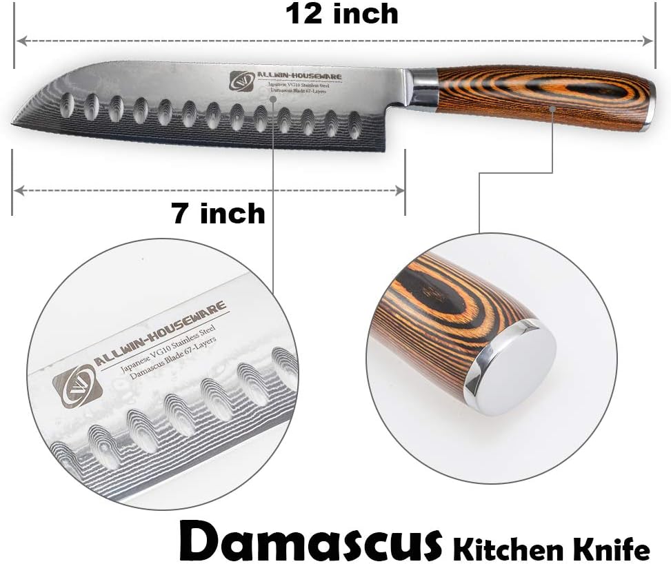 Santoku Knife 7" Damascus VG10 Stainless Steel with 12 Inch Professional Carbon Steel Black Knife Sharpening Steel