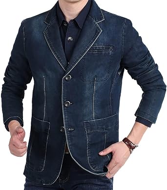 Flygo Mens Casual 3 Buttons Denim Blazer Slim Lapel Washed Denim Suit Jacket