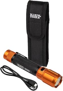 Klein Tools 56413 Rechargeable 2-Color LED Flashlight, Holster, Spotlight, Floodlight, Red LED, 1000 Lumens, USB Cable, Camping, Hunting