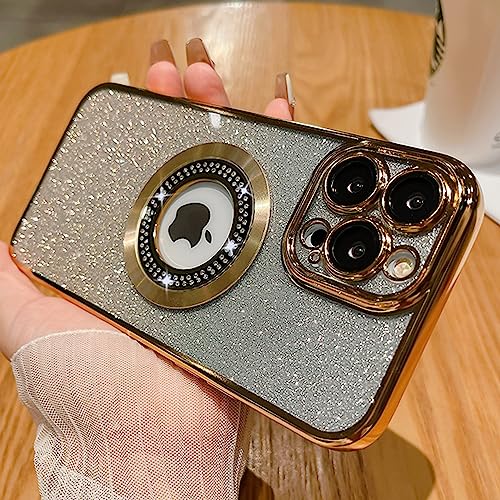 Image of Misscase for iPhone 14 Pro Max Magnetic Glitter Case Compatible with MagSafe,Full Protection Slim Shockproof Anti-Scratch Case with Camera Lens Protector Logo View Dust-Proof Net for Wome Gold