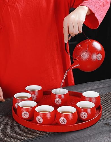 Miniatura 2 de Juego de té de regalo de boda tradicional chino, tetera de Kung Fu con 8 tazas de té y bandeja redonda, decoración roja