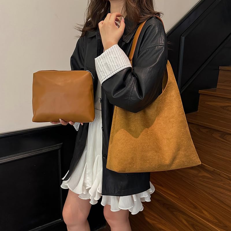 Faux Suede All-Match Shoulder Bag Trendy Tote Commute Handbag with Purse (Khaki)2