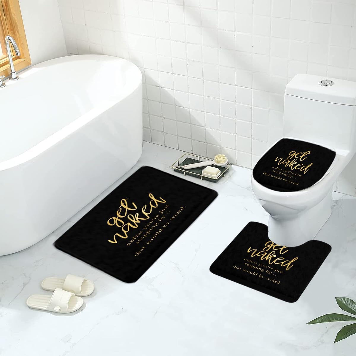 Get Naked Shower Curtain Set Cool Adult Quotes Inspirational Black Gold Unique Modern Polyester Mat 4 Pcs Bathroom Decor Mat Toilet Lid Cover U Shaped Non-Slip Rug Fabric Polyester 60x72 Inch