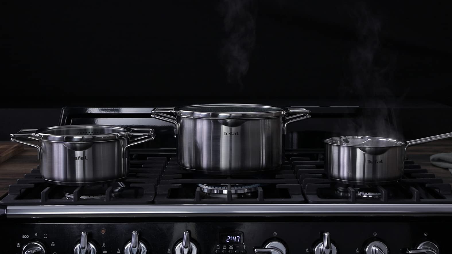 Tefal Nordica H852S655 Kochtopf, 6-teilig, 18/20/24 cm, Edelstahl + Glasdeckel, Ausgießer, einfaches Abgießen, Induktion
