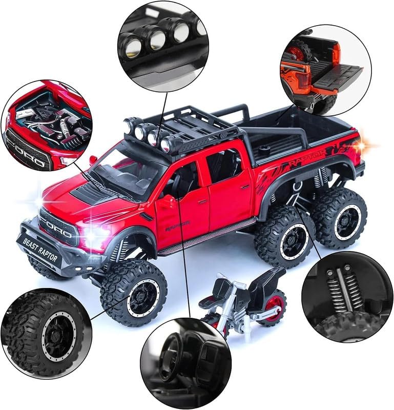 Image of Kids Model 1:24 Raptor F150 Die Cast Metal Car Pull Back Action Opening Doors with Realistic Engine Sound Lights Toy Car Gift for Boys - Red