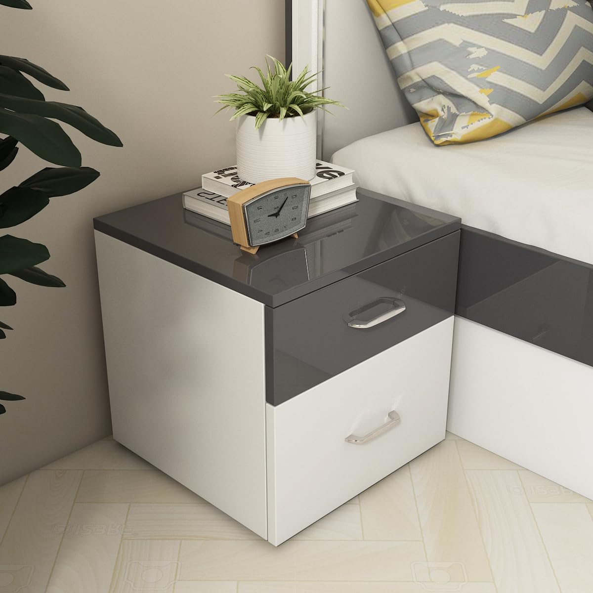 Pearl Bedside Table | Engineered Wood | Frosty White & Grey Glossy Finish | Classic & Durable | Drawer Storage | 3-Year Warranty-image-1