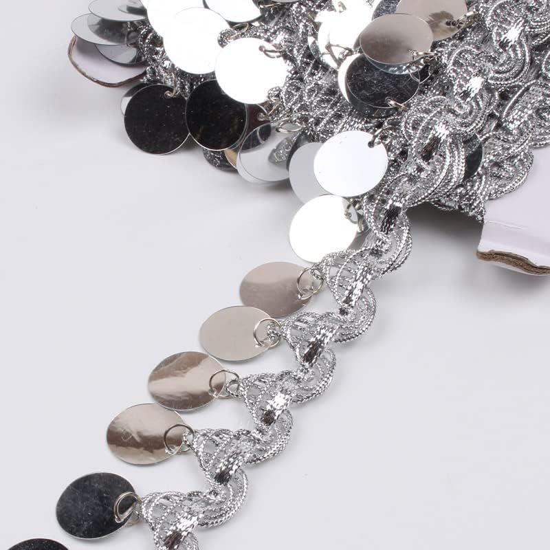 10Yards Coin Shaped Sequin Tassel Trim with Sparkling Circular Sequin Edge Trim Belly Dance Tassel Trim lace Dance Skirt Belt Chain DIY Clothing Sewing Curtain Supplies (Gold)