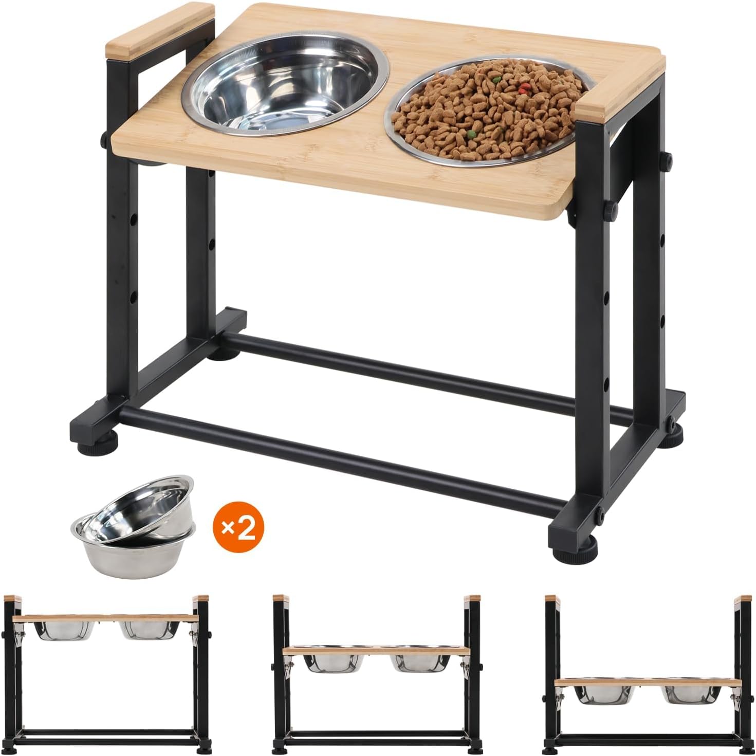 Adjustable Height Pet Feeder Stand with 2 Dishwasher-Safe Stainless Steel Bowls – Natural Wood Top & Black Metal Frame Elevated Food/Water Station for Dogs/Cats Under 66LBS