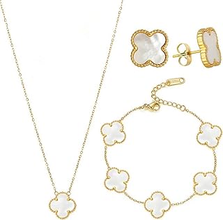 Titanium Steel Four-Leaf Clover Jewelry Set，Versatile Lucky Four-Leaf Clover Jewelry Set，Gifts for Ladies and Girls（White Set）