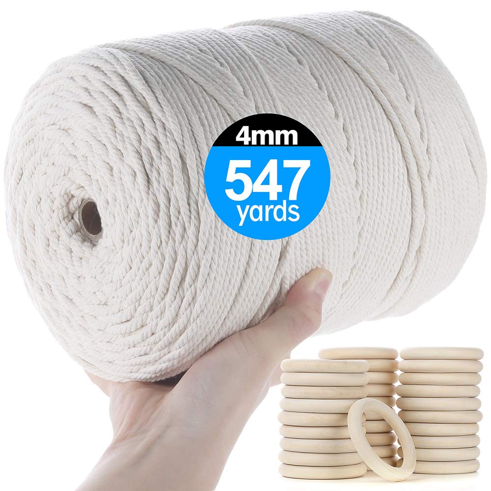 VENROII Macrame Cord 4mm x 547Yards, 100% Natural Cotton Macrame Craft Rope, 4 Strand Twisted Soft Cotton Cord for Handmade Wall Hanging, Dreamcatcher, Plant Hangers, Knitting, Craft Cord