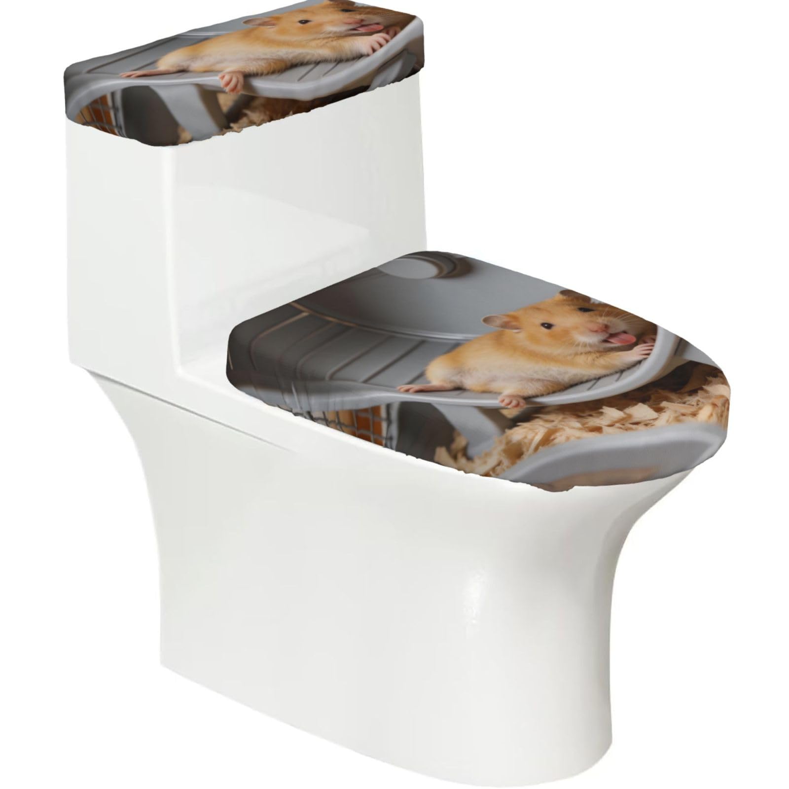Hamster Running Elastic Toilet Cover Set of 2-Stretchy Lid and Tank Covers for Bathroom, Soft Washable U Shape Toilet Decor