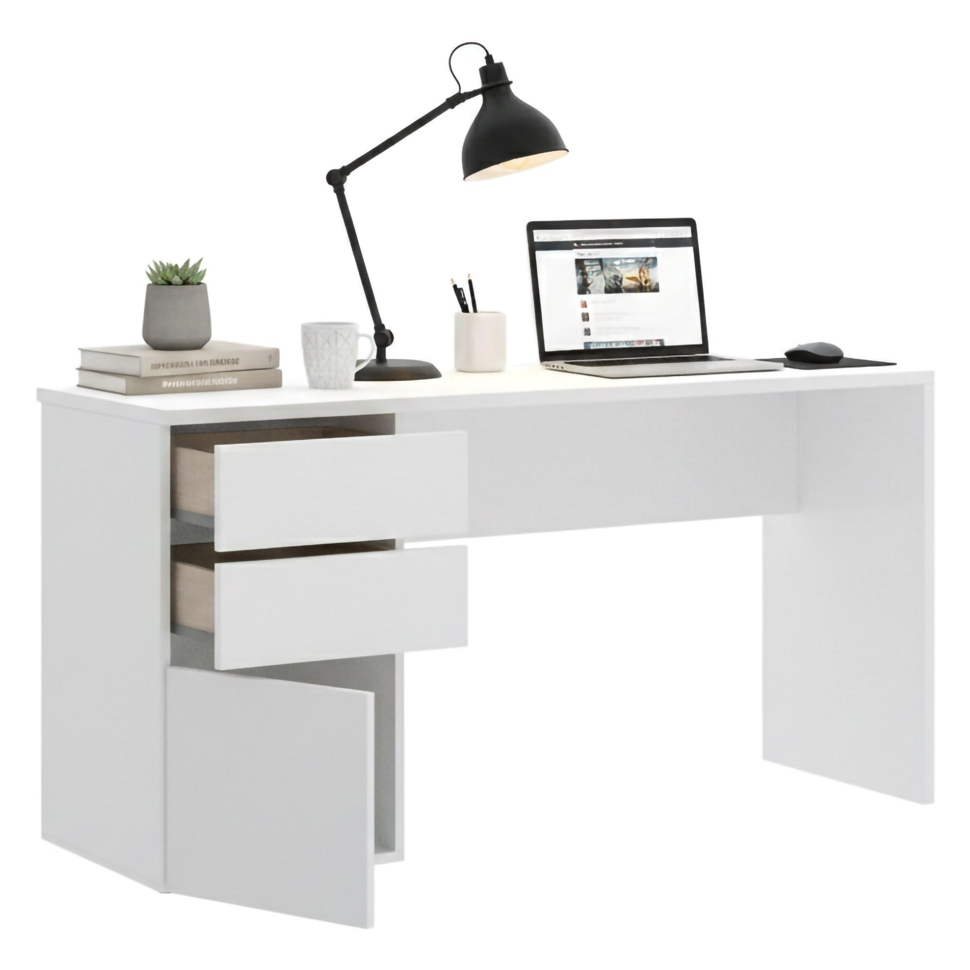 Dmora - Scrivania Lagoni, Scrittoio multiuso da ufficio o cameretta, Tavolo da studio lineare con 2 cassetti e 1 anta, 139x60h75 cm, Bianco