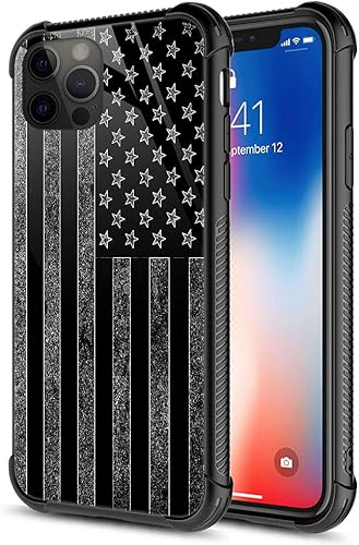 Funda para iPhone 13 Pro - Bandera estadounidense de vidrio templado blanco y negro + funda protectora de TPU de silicona suave