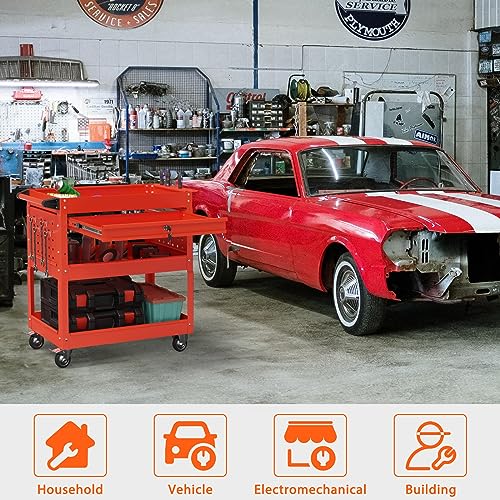 Image of 3 Tier Heavy Duty Rolling Tool Cart with Drawers, Large Storage Utility Cart on Wheels for Garage, Warehouse, Repair Shop (Red)