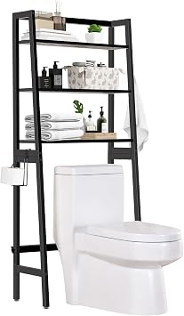 Adrinfly 3 Tier Over Toilet Storage Shelf Solid Pine Freestanding Rack with Paper Holder and Hooks Black