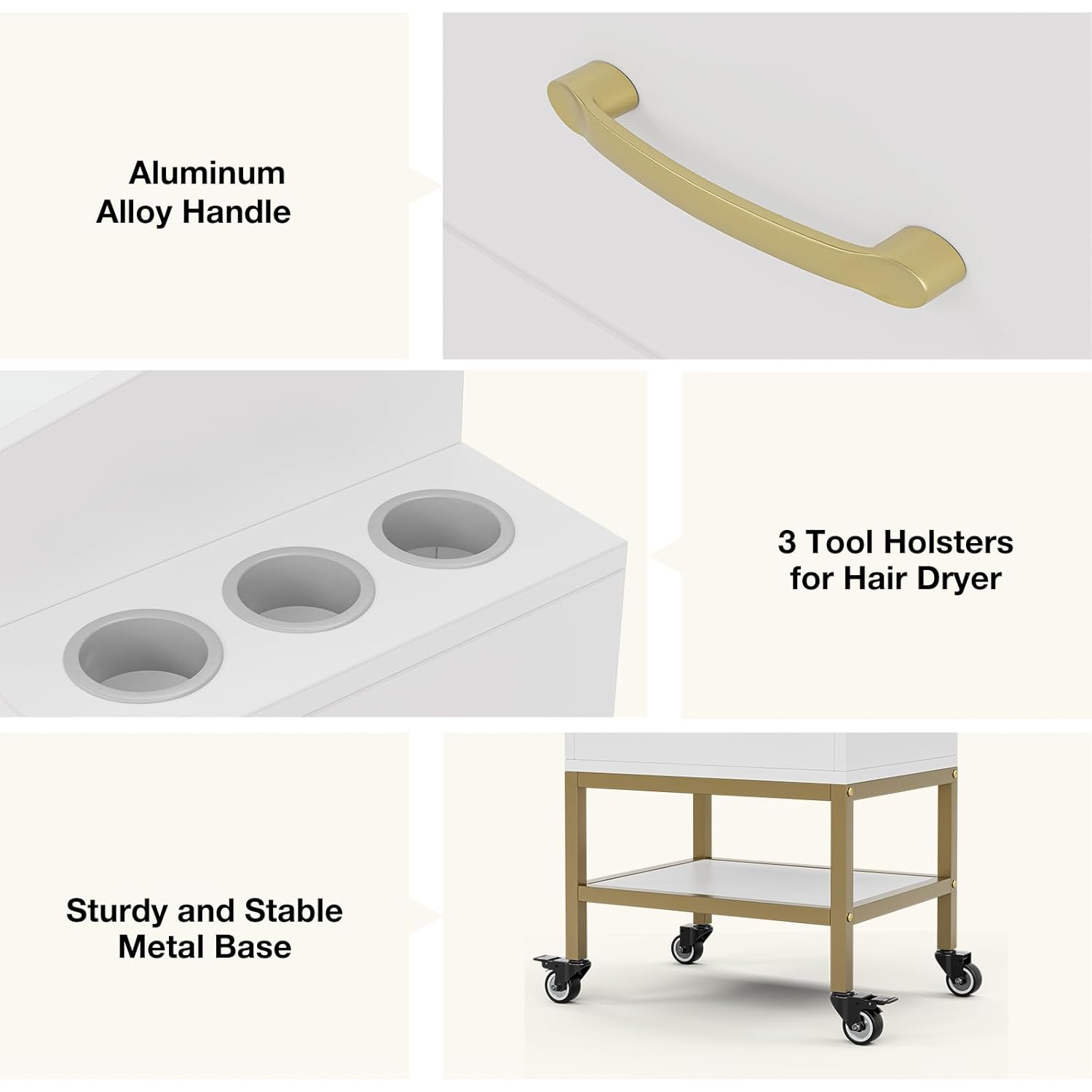 4-Tier Salon Station for Hair Stylist,White Beauty Barber Storage Station w/Glass Top, 3 Drawers, Hair Dryer Holders, Lockable Wheels for Barber Station, Salon Storage Equipment