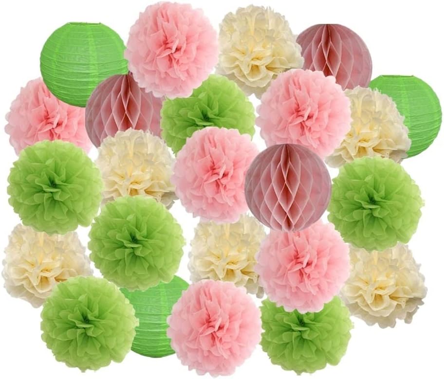 Paper Lanterns 24pcs/Set Birthday Party Favor White Set Round Paper Ball Lantern Folding Baptism Wedding Decor Honeycomb Pompom for Weddings Patios Decor