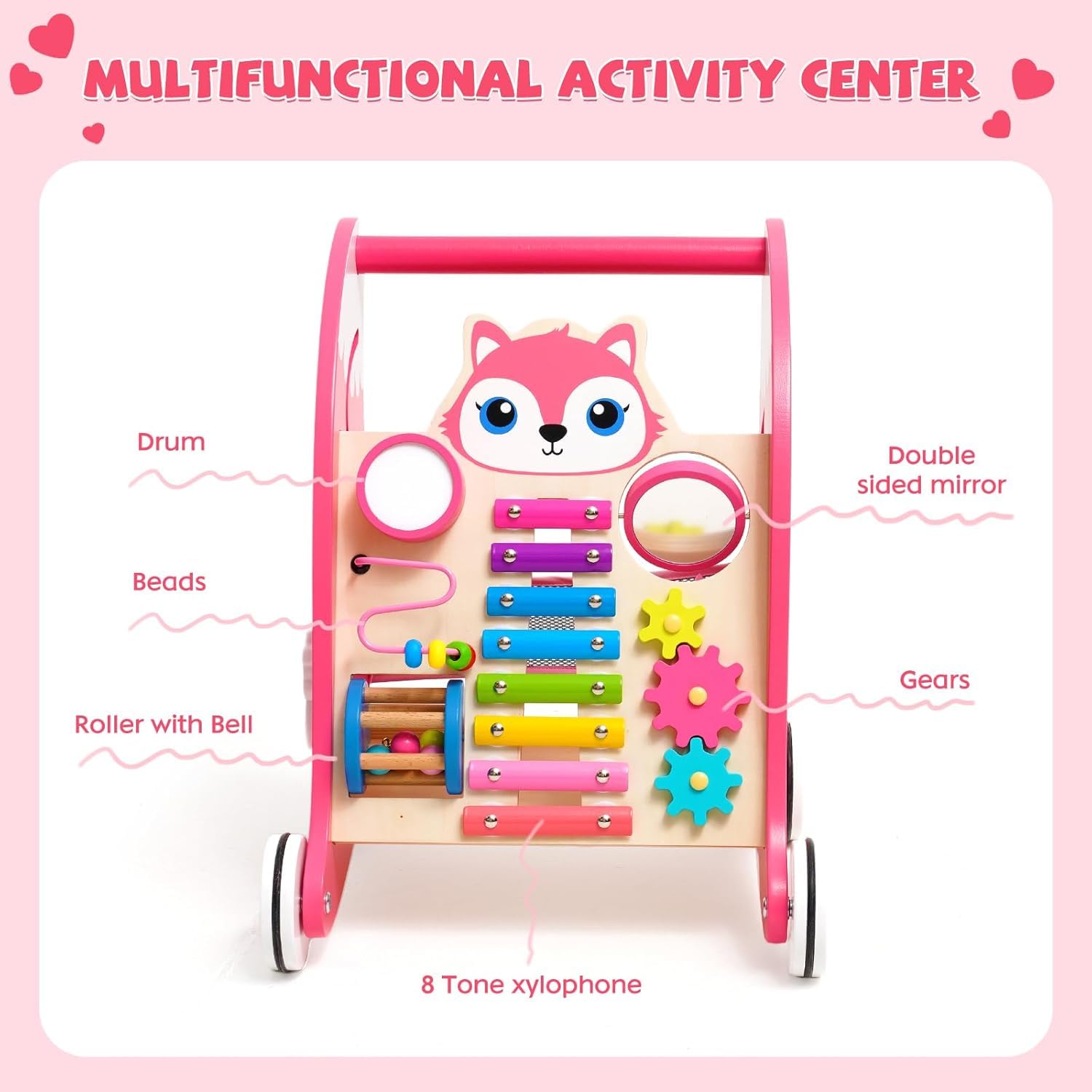 Chariot de Marche Bebe avec Xylophone, Instruments de Musique et jeu d'association de Formes.Trotteur Bebe Fille，Jouet Montessori Centre d'activités Multifonctionnel pour bébés de 6 mois et plus, Rose