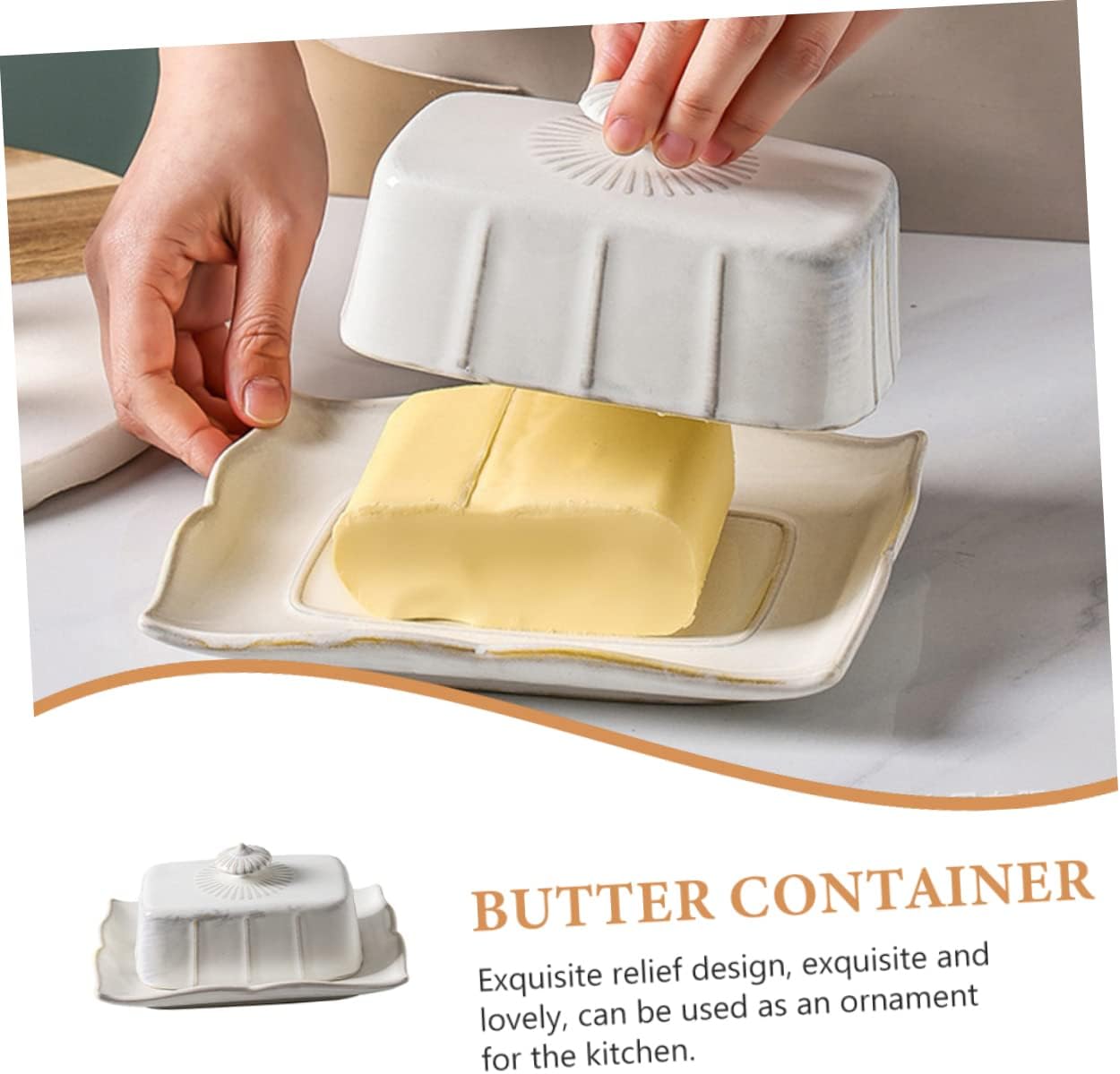 Sosoport Ceramic Butter Dish with Lid Wear Resistant Butter Tray for Home Kitchen Elegant Rectangular Serving Decorative White Porcelain Tableware