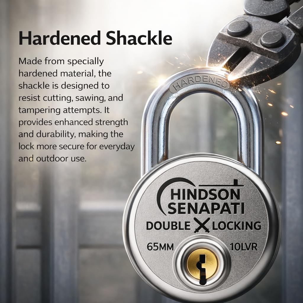 HINDSON Senapati 65mm Double Locking Padlock with 10 Lever Security and 4 Keys, Heavy Duty Lock and Key for Home, Door, Gate and Outdoor Use — Amazon image 3