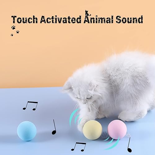 Miniatura 5 de Paquete de 3 pelotas para gatos con 3 sonidos de animales activados por el tacto, incluyen pájaro, grillo y rana, juguete interactivo de hierba