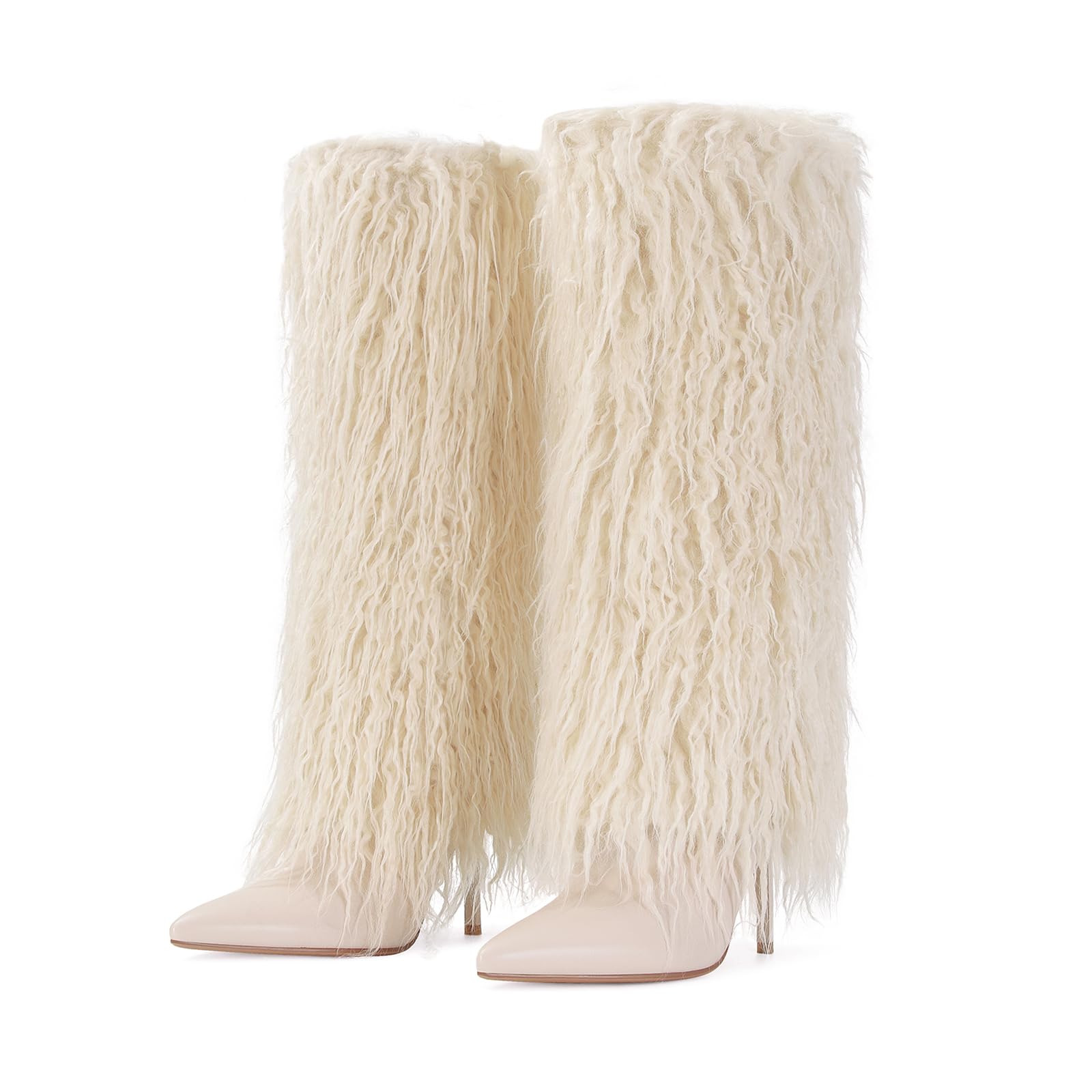 XBKXMK Fur Knee High Boots for Women Pointed Toe Stiletto Heel Fold Over Tall Boots Fashion Wide Calf Long Booties: 9 White