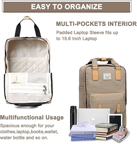 Miniatura 3 de VASCHY - Mochila vintage de 15 pulgadas, resistente al agua, mochila escolar, Caqui, talla única, Mochilas Daypack